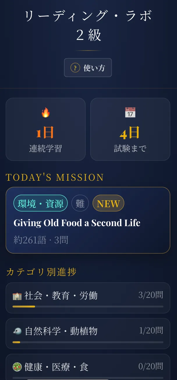 リーディング・ラボ2級のホーム画面。連続学習日数、試験までの日数、TODAY'S MISSION、カテゴリ別進捗が表示されている